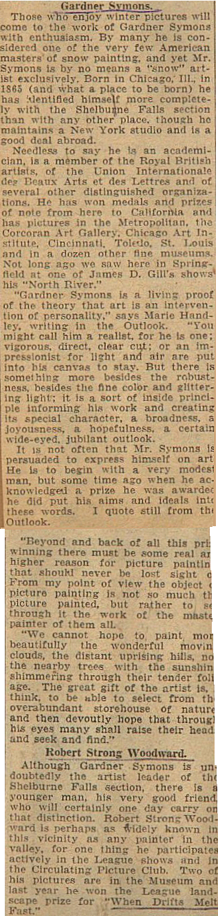 Newspaper clipping about Gardner Symons and Robert Strong Woodward.